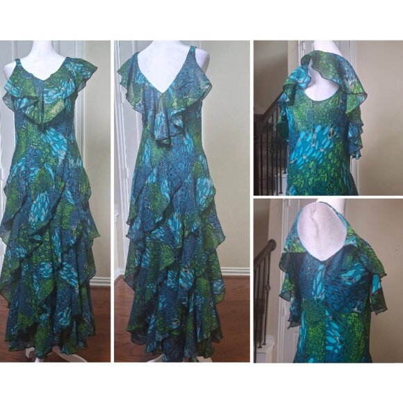 VTG 90s Blue Green Floral Animal Print Fairy Ruffle Midi Dress 6 Y2k Preppy Boho - Picture 1 of 17